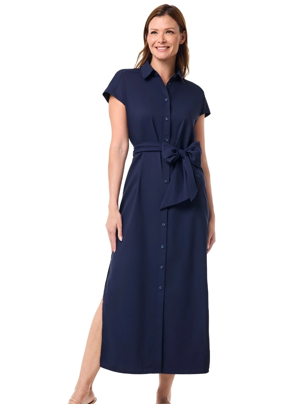 Coolibar Espanola Way Button-Front Midi Shirt Dress Navy SPF 50+ Wmn's Lg